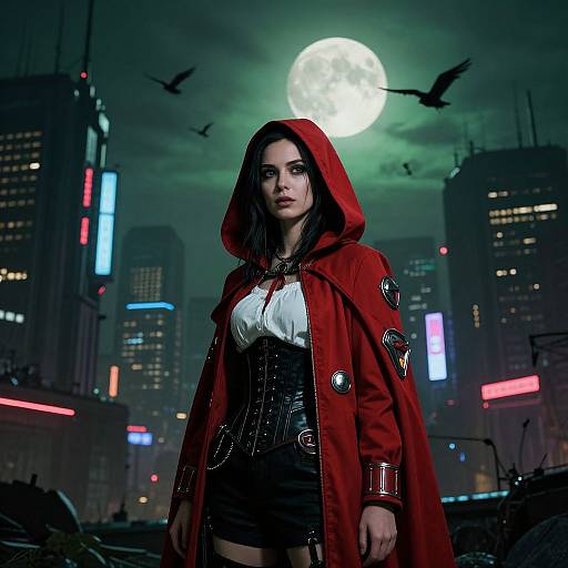 Digital artwork of a dark-haired woman in a red hooded cloak, white blouse, black corset, and shorts, standing in a neon-lit