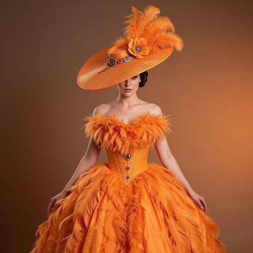 Photograph of a woman in an extravagant, off-the-shoulder, bright orange feathered gown and matching wide-brimmed hat with feathers,