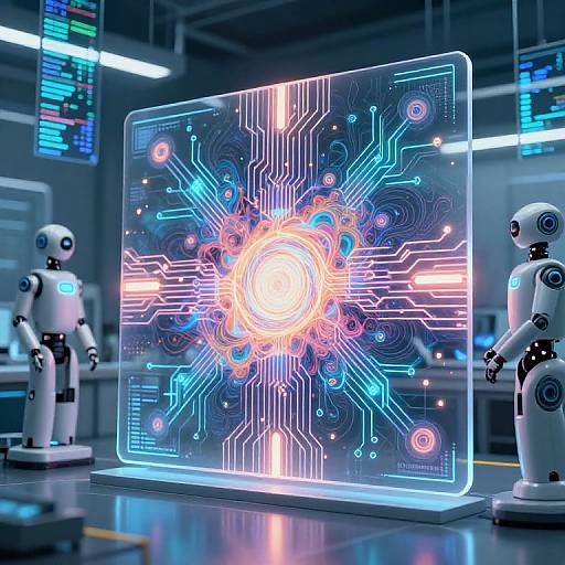 Digital CGI of a futuristic lab with two robotic figures standing beside a glowing, neon-blue circuit board displaying a radiant, central light.