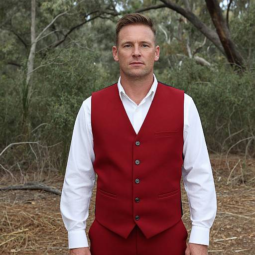 Photograph of a handsome, short-haired man in a white shirt and red vest standing in a forest clearing, with greenery in the background.