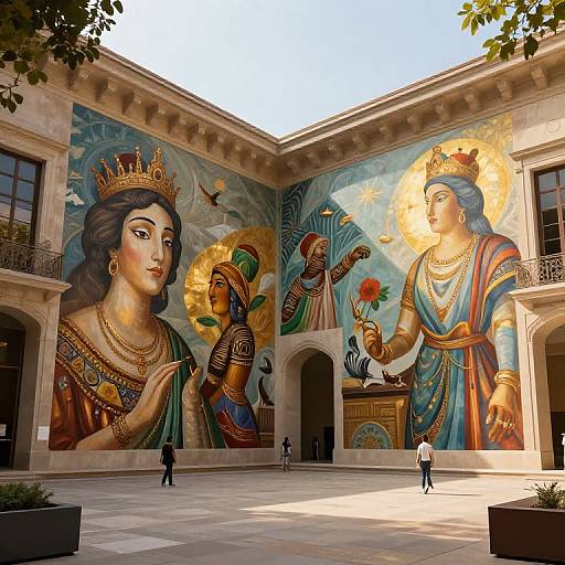 Photograph of a grand mural-covered courtyard featuring vibrant, detailed paintings of Indian deities with golden crowns, ornate jewelry, and intricate backgrounds,