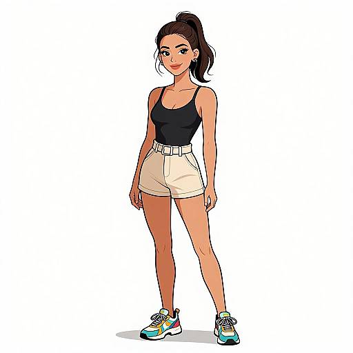 Digital illustration of a young woman with light skin, dark ponytail, black tank top, white high-waisted shorts, and colorful sneakers, standing