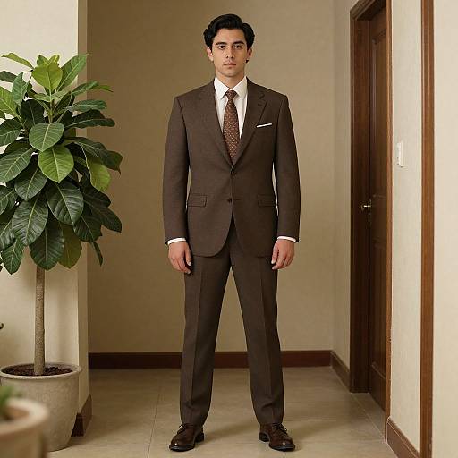 Photograph of a young man with short black hair, wearing a dark brown suit, white shirt, and brown tie, standing in a hallway with a