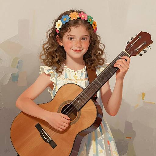 Joyful Girl with Guitar in Abstract Art