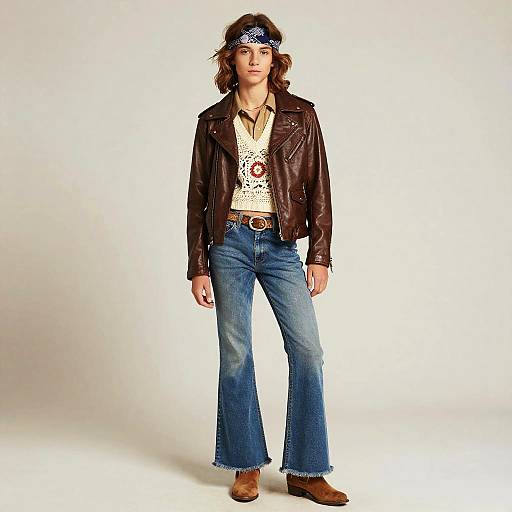 Photograph of a woman with long brown hair, wearing a black leather jacket, white patterned shirt, blue jeans, brown belt, bandana,