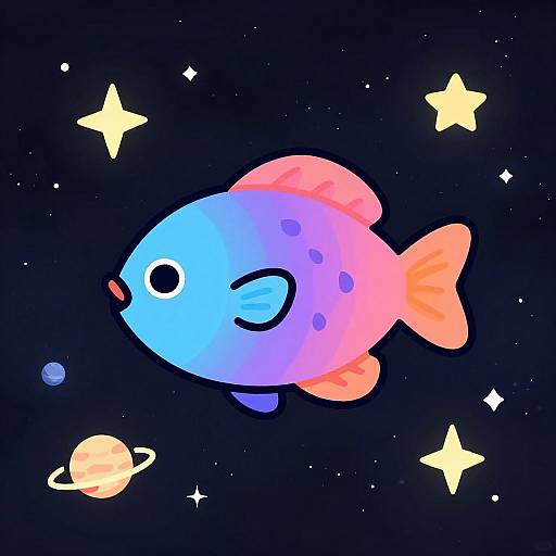 Cute digital illustration of a blue and pink fish with closed eye, surrounded by stars, planets, and a blue dot in space.