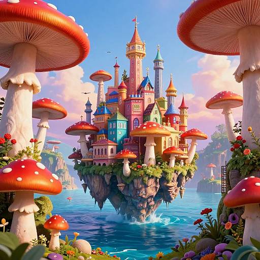 Whimsical digital art of a colorful, fairy-tale castle on a mushroom island, surrounded by oversized red-capped mushrooms, vibrant flowers, and