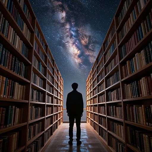 Silhouetted Figure in Cosmic Library