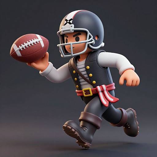 3D digital rendering of a toy football player in black helmet, white shirt, black vest, holding an American football, running against a dark gradient background
