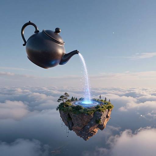 Digital art: A floating black teapot pours blue liquid onto a small, cliff-like island with trees, surrounded by clouds and sky.