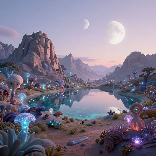 Digital fantasy landscape: Glowing mushrooms, bioluminescent plants, rocky mountains, crescent moon, and reflected lake at twilight, creating a surreal