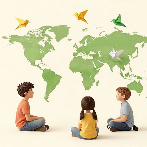 Photograph of three children, two boys and one girl, sitting cross-legged, facing world map with colorful paper birds flying above.
