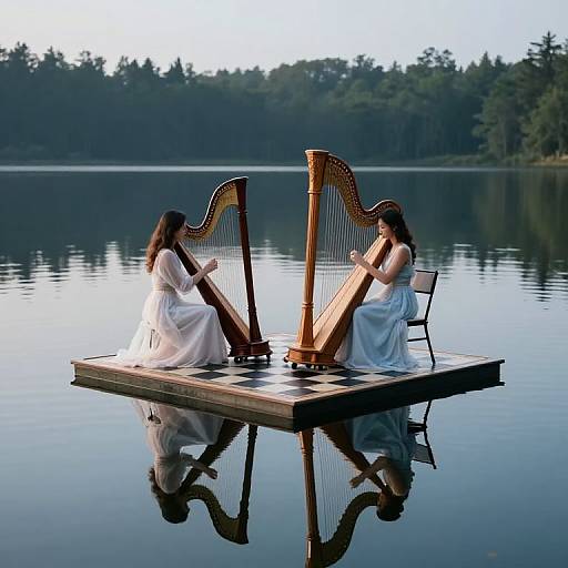 Serene Harpists on Floating Chessboard