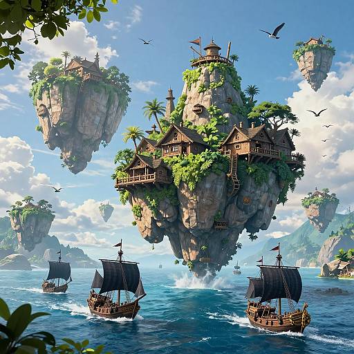Fantasy digital art of floating island villages with wooden houses, surrounded by sailboats, birds, and lush greenery over a bright blue ocean.