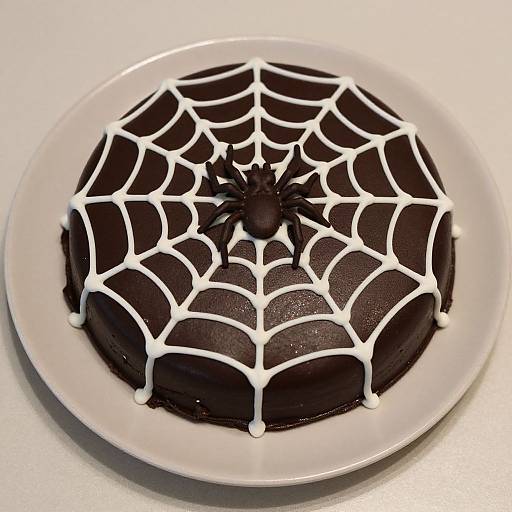 Photograph of a black cake with white spiderweb icing on a white plate, featuring a small black spider decoration at the center.