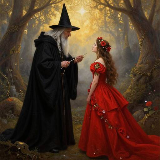 Magical forest scene: elderly wizard with white beard and black hat, holds wand, faces young woman in red dress with flower crown.