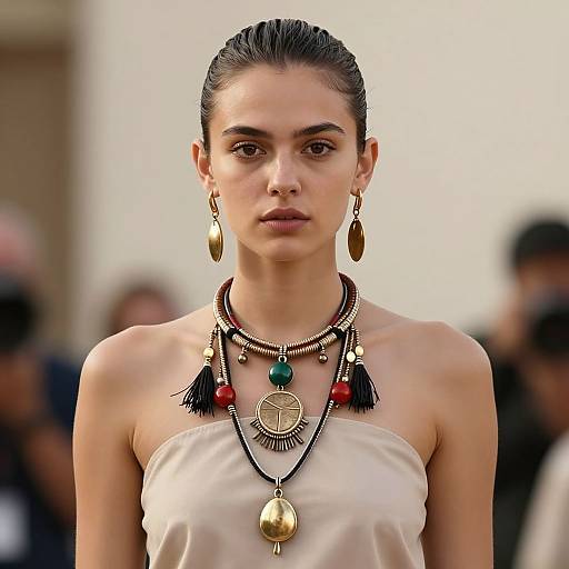 Photograph of a serious, dark-haired woman with slicked-back hair, wearing a beige strapless top and multiple layered, ornate necklaces with
