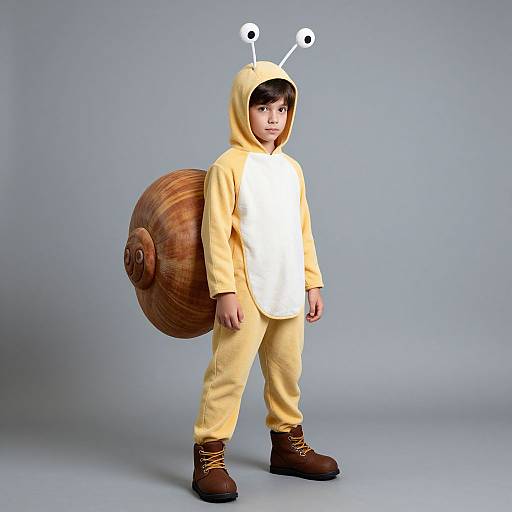 Photograph of a young boy in a yellow Snail costume with a large brown shell, white eyes on the hood, brown boots, standing against a