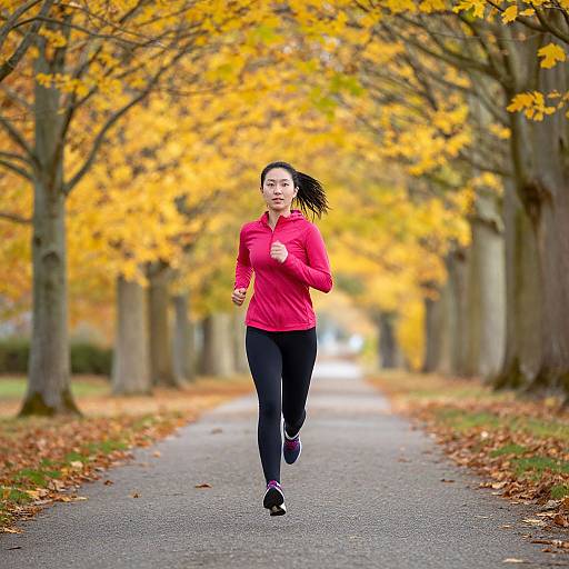 Photograph of an Asian woman with black hair in a ponytail, running on an autumn tree-lined path in a red jacket and black pants.