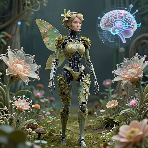 Digital artwork of a fairy-like robot woman with green wings, floral armor, and a glowing brain hologram in a mystical forest.