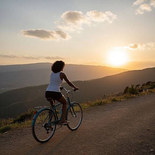 Photograph of a woman with curly hair, wearing a white tank top and black shorts, riding a blue bicycle at sunset on a mountain road, with