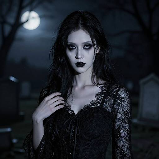 Photograph of a pale, dark-haired woman with black lipstick and lace dress, standing in a moonlit, eerie graveyard at night.