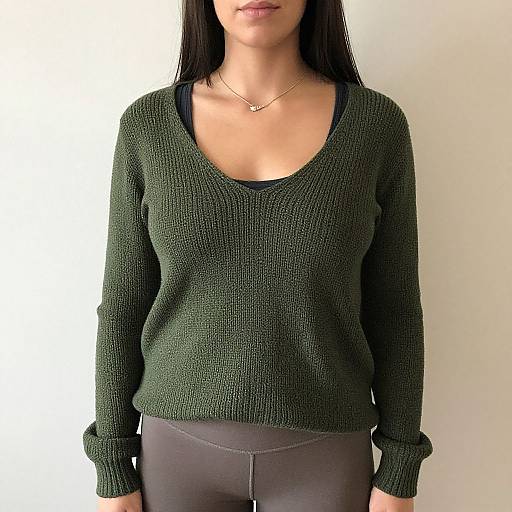 Photograph of a woman with long black hair, wearing a green knitted sweater, black camisole underneath, and gray pants, against a plain