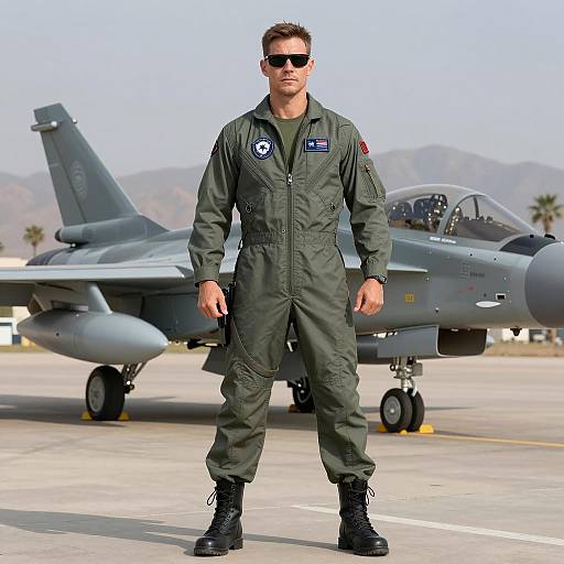 Male Pilot in Flight Suit Standing by Military Jet