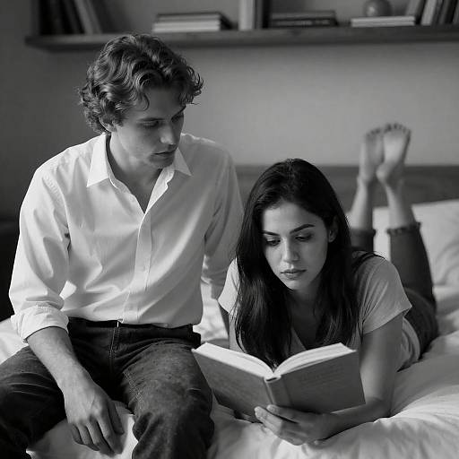 Black and White Portrait of Couple Reading