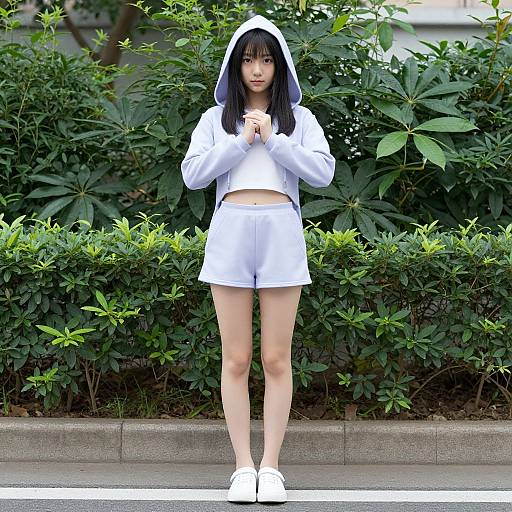 Photograph of an Asian woman with pale skin, straight black hair, wearing a white hoodie, shorts, and sneakers, standing in front of lush green