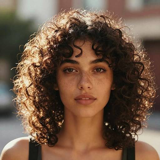 Photograph of a young woman with curly brown hair, sunlit, freckled face, and neutral expression, wearing a black top, against a