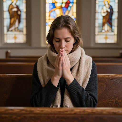 Photograph of a young woman with light brown hair, wearing a black sweater and beige scarf, praying with hands together in a church with colorful stained glass