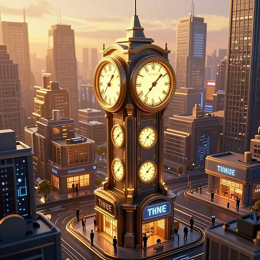 Photorealistic CGI of a glowing, four-faced clock tower in a bustling city at sunset, surrounded by tall buildings and neon signs.
