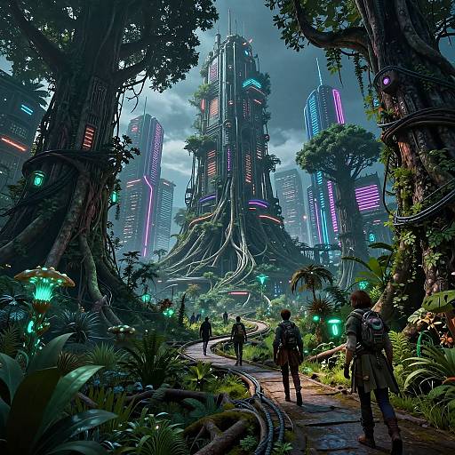 Forestpunk Cityscape with Neon Trees