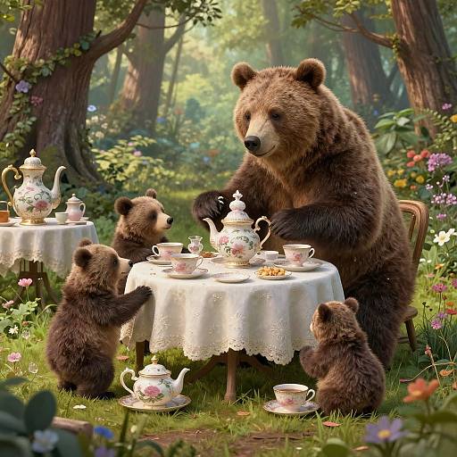 Photograph-style digital art: Brown bear family with three cubs has a tea party in a lush, sunlit forest garden.