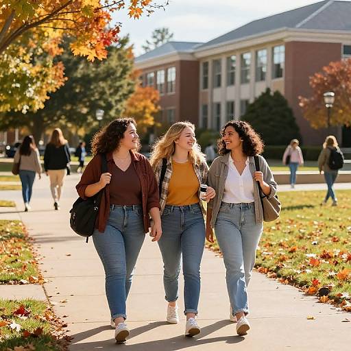 Photograph of three laughing, curly-haired women in blue jeans and casual tops walking on a sunlit campus path with autumn foliage and a red-brick