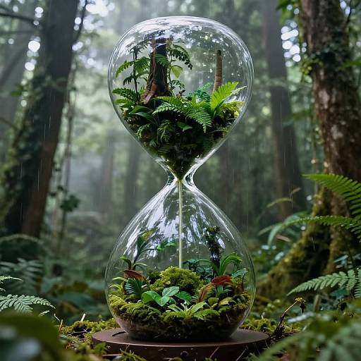 Photograph of a clear glass hourglass filled with lush green ferns and moss, standing in a misty, sunlit forest.