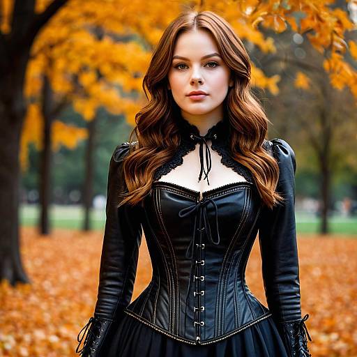 Woman in Black Victorian-Style Dress in Autumn Park