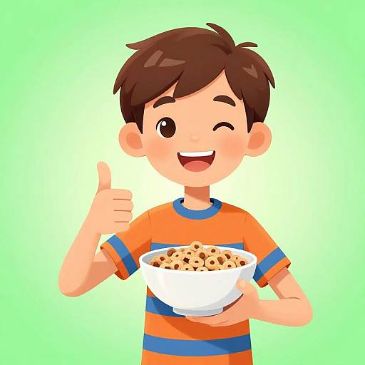 Cartoon boy with brown hair, winking, smiling, thumbs up, wearing orange and blue striped shirt, holding bowl of cereal, green gradient background