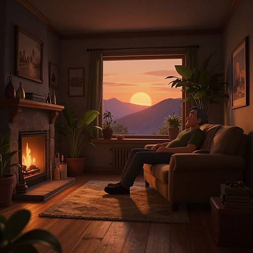 Photograph of a man in a green shirt, sitting on a brown couch, watching a sunset over mountains through a window, with a lit fireplace in