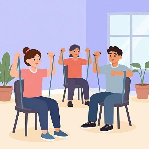 Illustration of three diverse people with short hair, wearing casual clothes, seated on chairs, lifting metal bars in a bright, blue-walled room with