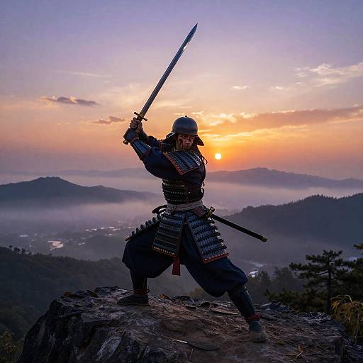 Photograph of a samurai warrior in full armor, holding a sword aloft, standing on a rocky cliff at sunset with misty mountains in the