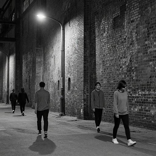 Black-and-white photograph of five people walking in a dimly lit, narrow brick alley at night, illuminated by a single streetlamp.