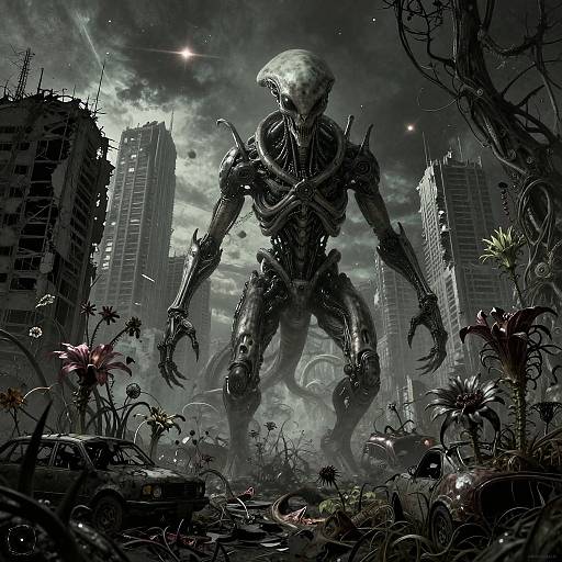 Digital artwork of a towering, biomechanical alien creature with a smooth, featureless head, standing in a ruined, overgrown cityscape under a