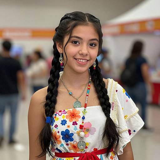 Photograph of a young Latina girl with long black braids, wearing a white floral dress, red belt, and colorful jewelry, smiling in a brightly