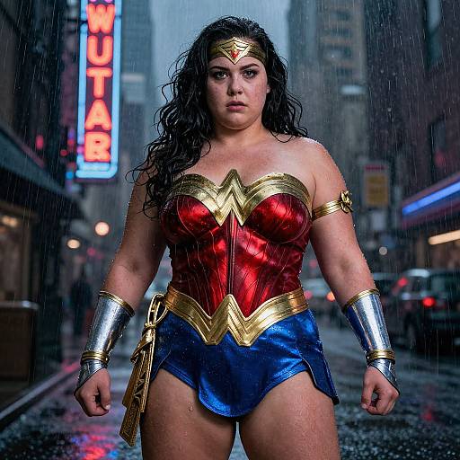 Photorealistic digital artwork of a wet, muscular Wonder Woman with long black hair, red bustier, blue skirt, and gold accessories, standing confidently