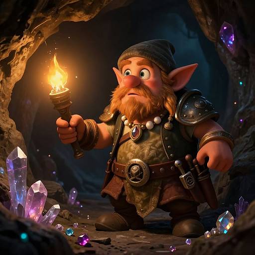 CGI image of a chubby, bearded, elf-like adventurer with glowing eyes, holding a torch, standing in a dimly lit crystal-filled cave
