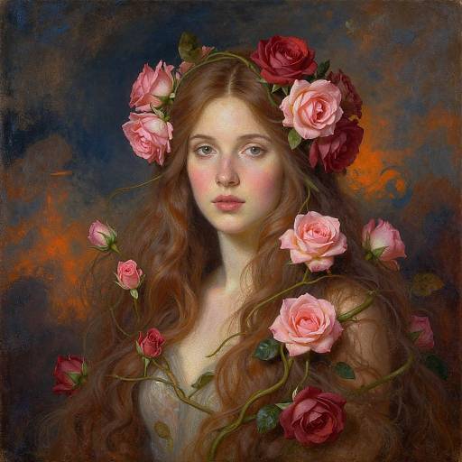 Digital painting of a fair-skinned, blue-eyed young woman with long, wavy brown hair adorned with pink and red roses against a dark, fiery
