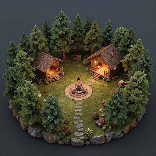 Photorealistic CGI of a serene, circular forest clearing with two wooden cabins, a sitting man in the center, and surrounded by dense trees. Warm
