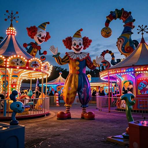 Photograph of a colorful carnival at dusk, featuring a giant, smiling clown with red hair, waving, surrounded by lit-up carousels and smaller